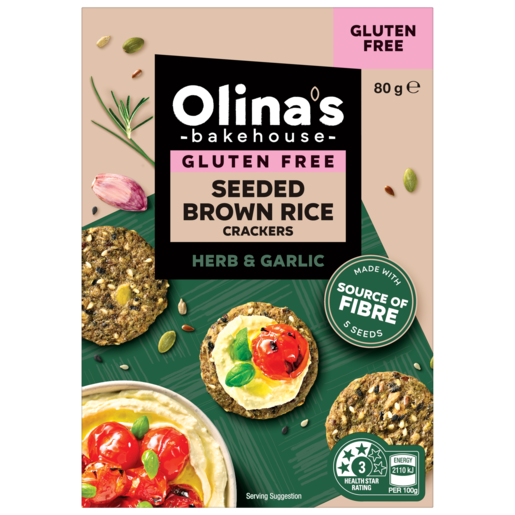 Olina's Bakehouse Seeded Brown Rice Crackers Herb & Garlic 80g