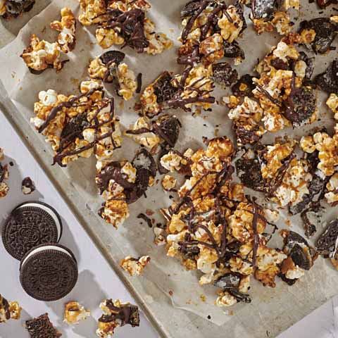 Gluten Free OREO-Caramel Popcorn with Chocolate Drizzle