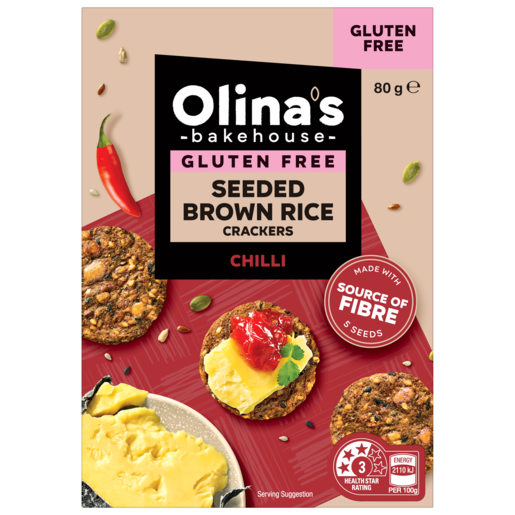 Olina's Bakehouse Seeded Brown Rice Crackers Chilli 80g