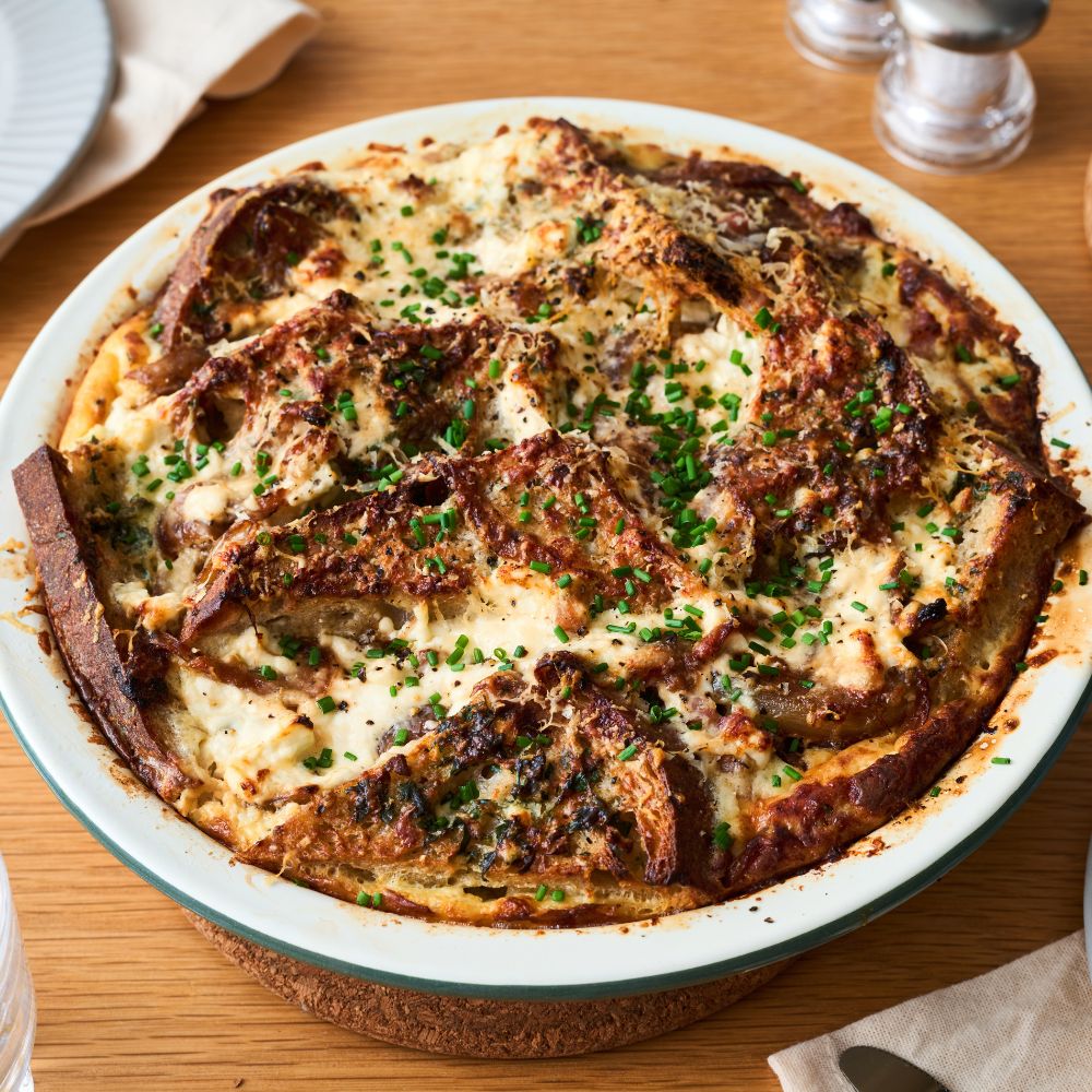 Philadelphia®, Smoked Bacon & Caramelised Onion Bread & Butter Pudding