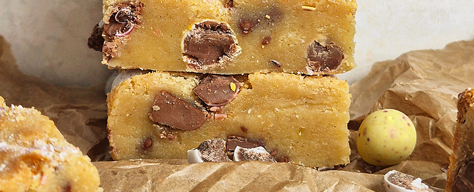Cadbury Mini Eggs and White Chocolate Blondies