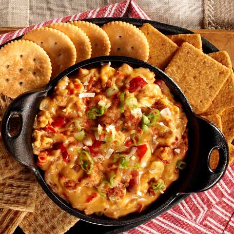 Queso Dip with Chorizo, Grilled Onions & Peppers
