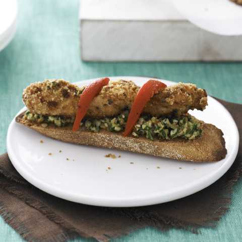 RITZ Crusted Chicken Kabobs on Olive Spread Toast