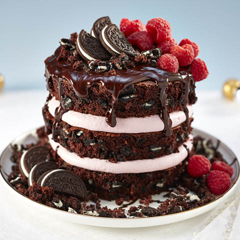 OREO Chocolate-Raspberry Mousse Cake Tower